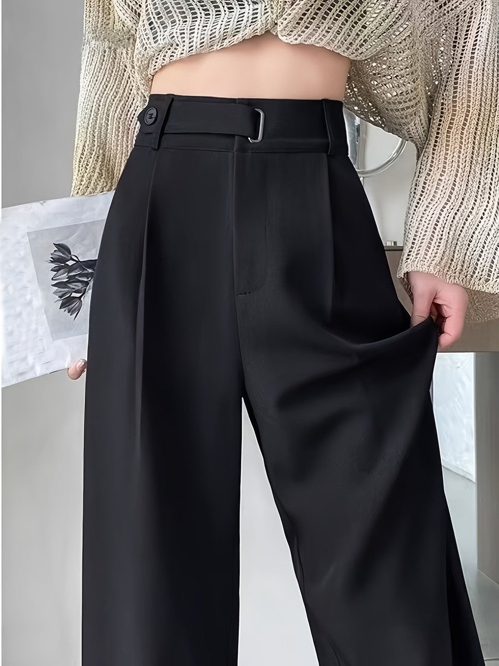 Women's High-Waist Wide-Leg Suit Pants, Draped Straight-Leg Trousers, Slim Fit Workwear, Belt-Free, Office Casual, Spring/Summer/Autumn, Black/Grey/Apricot/Champagne/Wheat, S-XXL