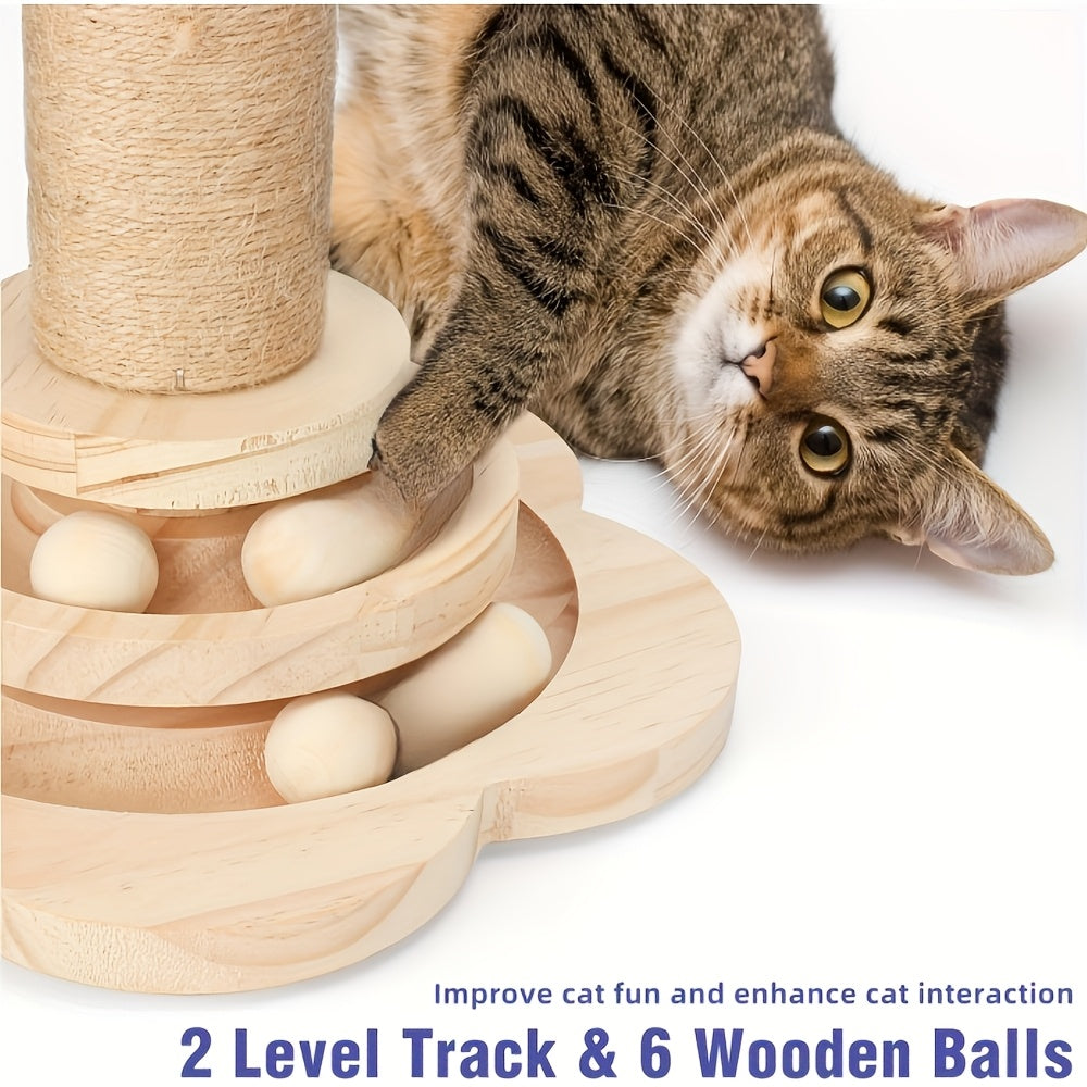 5-in-1 Wooden Cat Scratching Post Toy for Indoor Cats, Tall Sisal Post, 2-Level Track Ball, Interactive Feather Toy, Hanging Balls, Cat Furniture for Kittens and Adults