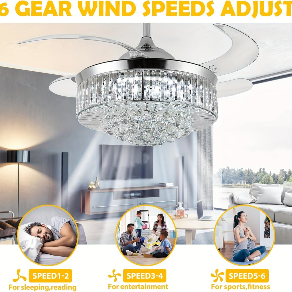 Modern Invisible Ceiling Fan with LED Light, Crystal Design, 3-Color Lighting (Warm/Neutral/White), 6-Speed Remote Control, Reversible Motor, for Bedroom Living Room Dining Room