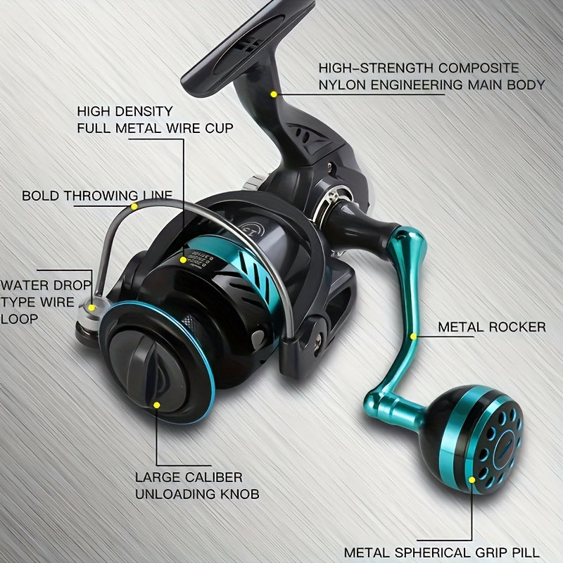 Spinning Fishing Reel DK1000-7000 – All-Metal Spherical Grip, 5.2:1 Gear Ratio, Large Drag Knob, High-Capacity Spool for Freshwater and Saltwater Bass and Carp Fishing