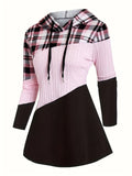 Women's Plaid Patchwork Hoodie - Long Sleeve Drawstring Pullover, Casual Fashion Hooded Sweatshirt - Pink Red, Burgundy & Fern Green - S to XXL