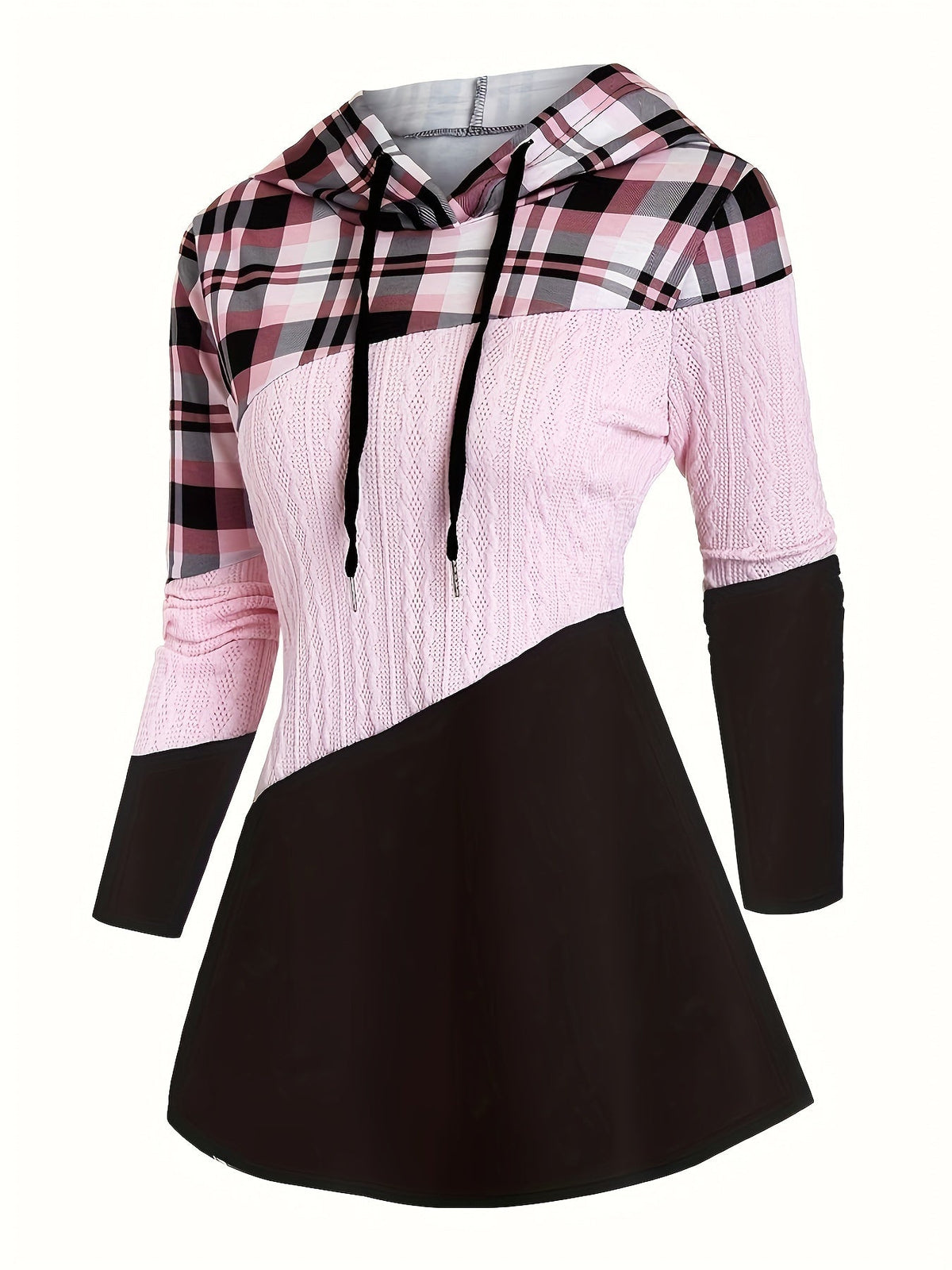 Women's Plaid Patchwork Hoodie - Long Sleeve Drawstring Pullover, Casual Fashion Hooded Sweatshirt - Pink Red, Burgundy & Fern Green - S to XXL