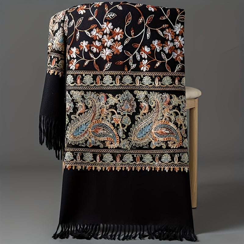 Women's Bohemian Cashmere Shawl Scarf – Vintage Paisley Embroidery with Tassel Trim, Lightweight Warm Wrap for Spring & Fall, 6 Colors, Hand Washable for Casual & Dressy Outfits