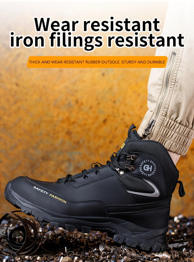 Men's Steel Toe Work Boots, Heavy Duty, All-Terrain Rubber Sole, Cushioned Insole, Arch Support, Four-Season Construction, Industrial, Farm, and Outdoor Boots, Black/Army Green, US Sizes 6-11