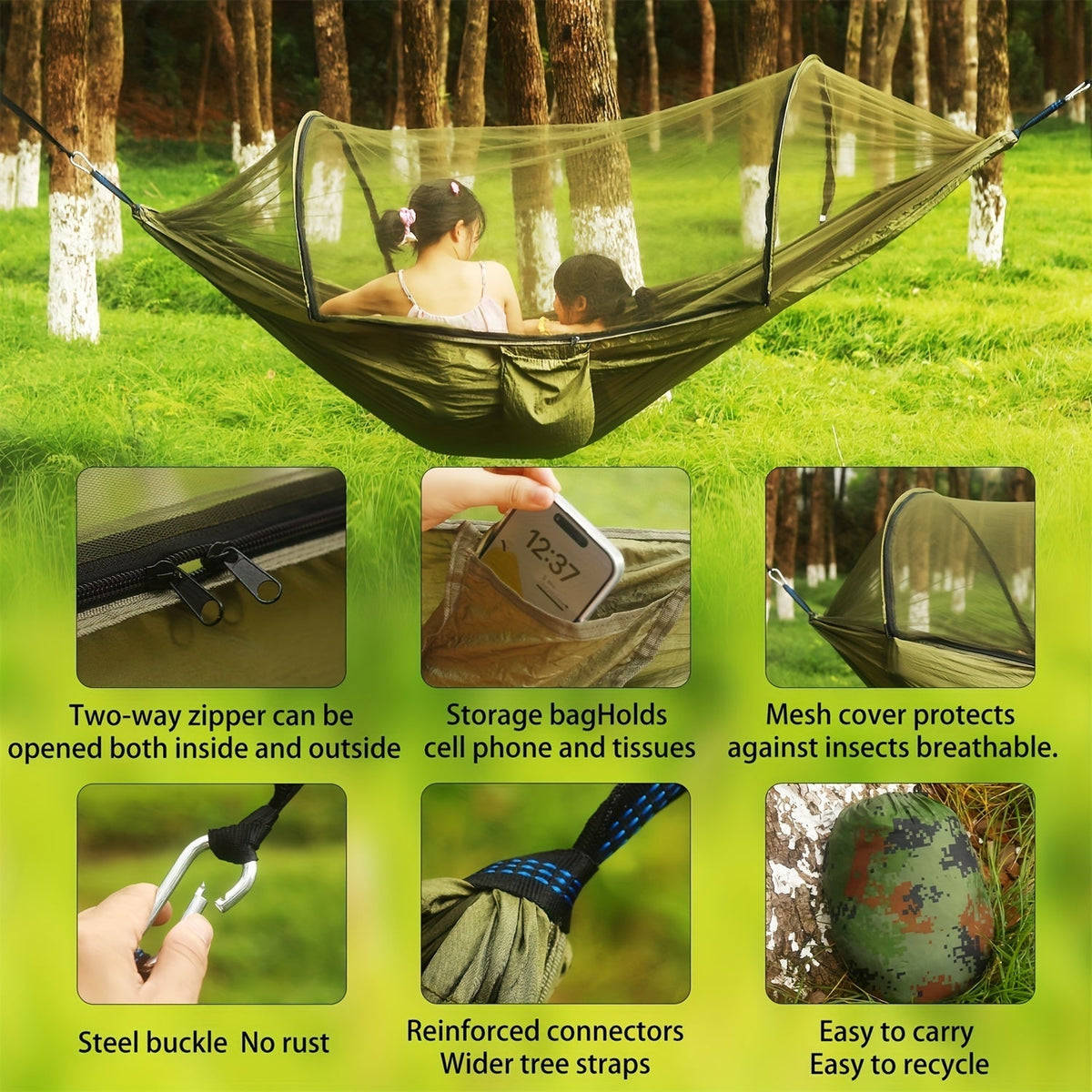 3-in-1 Double Camping Hammock with Mosquito Net and Sun Shade – Lightweight, Portable, and Durable; Ideal for Camping, Hiking, Backpacking, Picnicking, and Parks; 7 Color Options