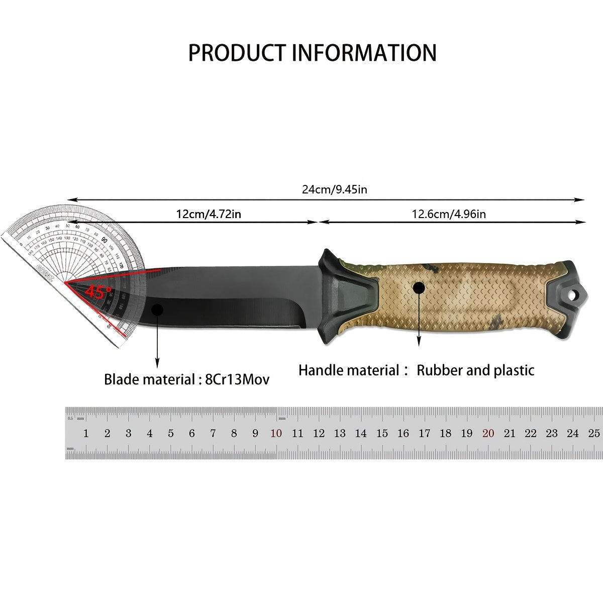 Outdoor Fixed Blade Knife – Stainless Steel Straight Blade, Non-Slip Handle, K-Sheath, EDC Hunting, Fishing, Camping, Survival Knife, Camouflage, Multi-Purpose Field Tool for Men