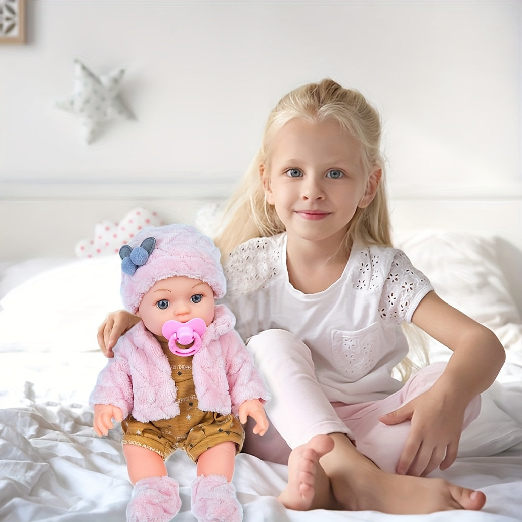 12-Inch Reborn Baby Doll with Pink Plush Outfit, Hat, Socks, and Pacifier, Realistic Newborn Soft Body Baby Doll Toy for Girls, Toddlers, Kids, Birthday, Christmas, Holiday Gift