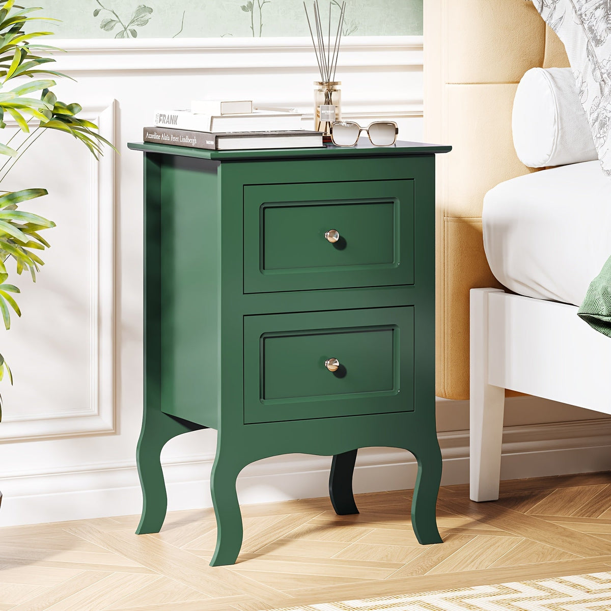 Nightstand with Drawers – Small Bedside Table for Bedroom Small Spaces in Forest Green White Blue Pink Navy Blue (Set of 1 or 2)
