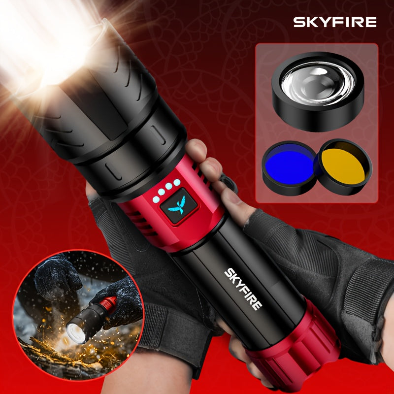 SKYFIRE 5000 Lumen Rechargeable LED Flashlight with Ignition Lens, Adjustable Focus & 4 Modes – Super Bright High-Lumen Tactical Flashlight for Camping, Outdoor, Farm & Emergency Family Use