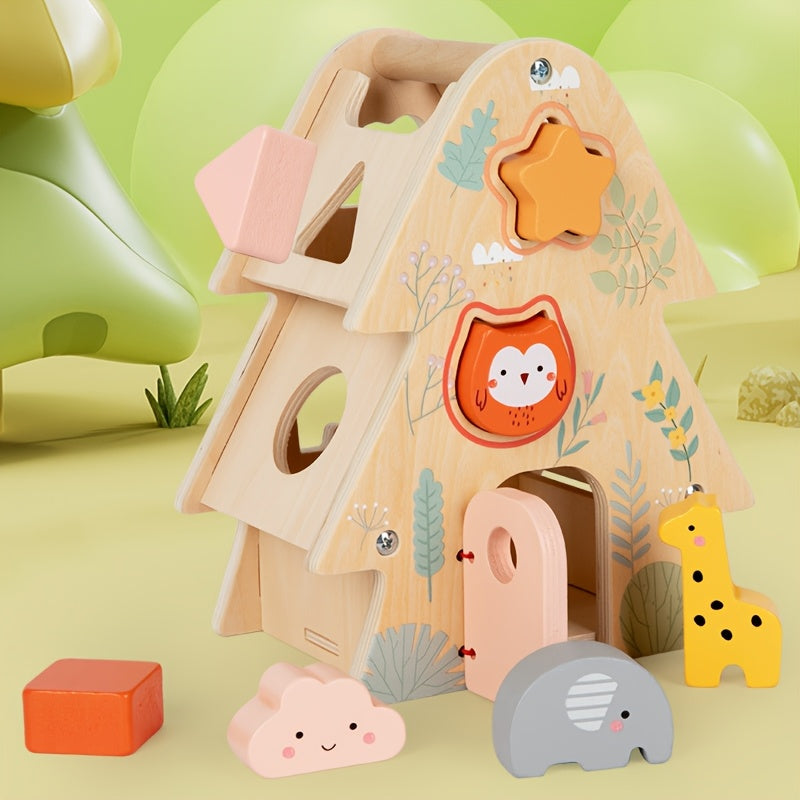 Wooden Big Tree Wisdom House Shape Matching Puzzle Toy, Creativity & Spatial Perception Development, Hand-Eye Coordination & Fine Motor Training for Babies & Toddlers, Holiday Gift
