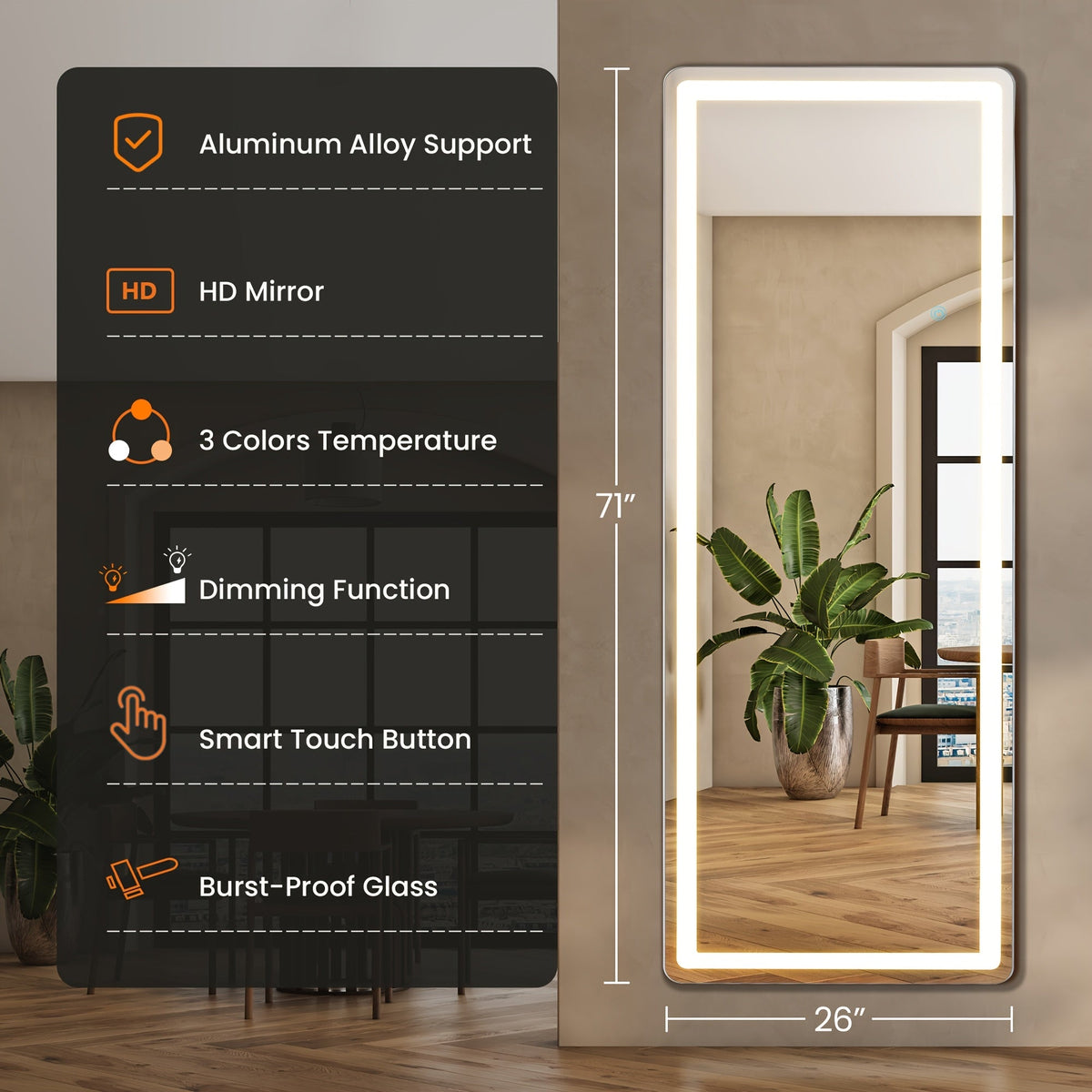 LED Lighted Full Length Mirror – Touch Control Free Standing Wall Mounted Leaning Full Body Mirror with Lights for Bedroom Dressing Room