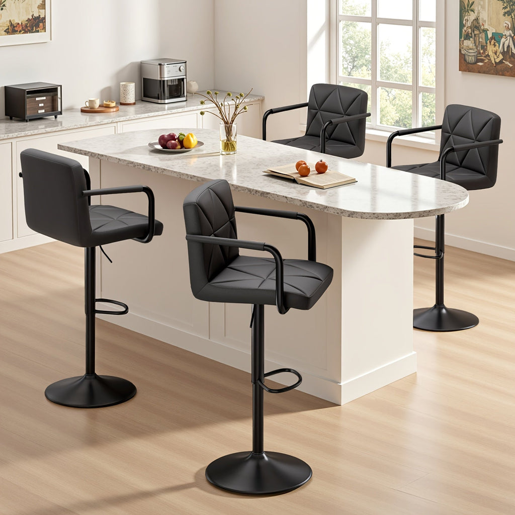 Bar Stool Set of 2 or 4 Adjustable Counter Height Swivel Barstool with Backrest Armrest Footrest Square Cushion Faux Leather for Kitchen Island Dining Room Cafe Pub