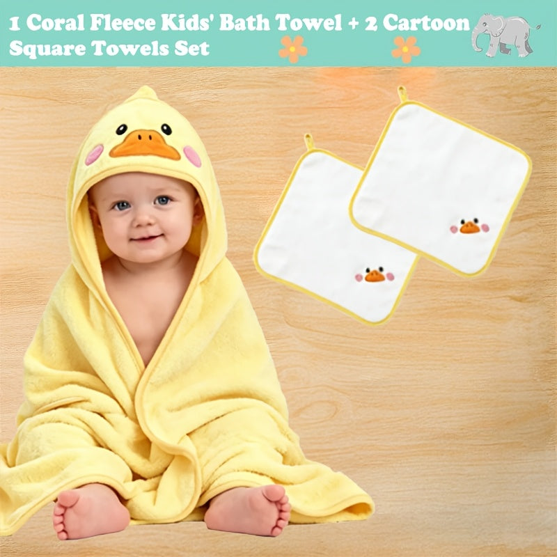 Baby Hooded Bath Towel 3-Piece Set, 1 Soft Absorbent Hooded Towel + 2 Cartoon Hand Towels, Non-Shedding Infant Bath Set, 7 Cute Animal Designs Including Duck Elk Koala Panda Rabbit Dinosaur & Penguin
