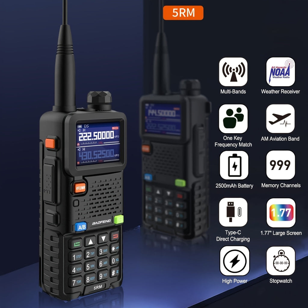 BAOFENG GM-5RH 10W Long Range GMRS Radio 2-Pack - Handheld Two-Way Radio with NOAA Weather, USB-C Charging, 999 Channels, 2500mAh Battery, 771 & 805S Antenna for Hunting, Camping, and Climbing