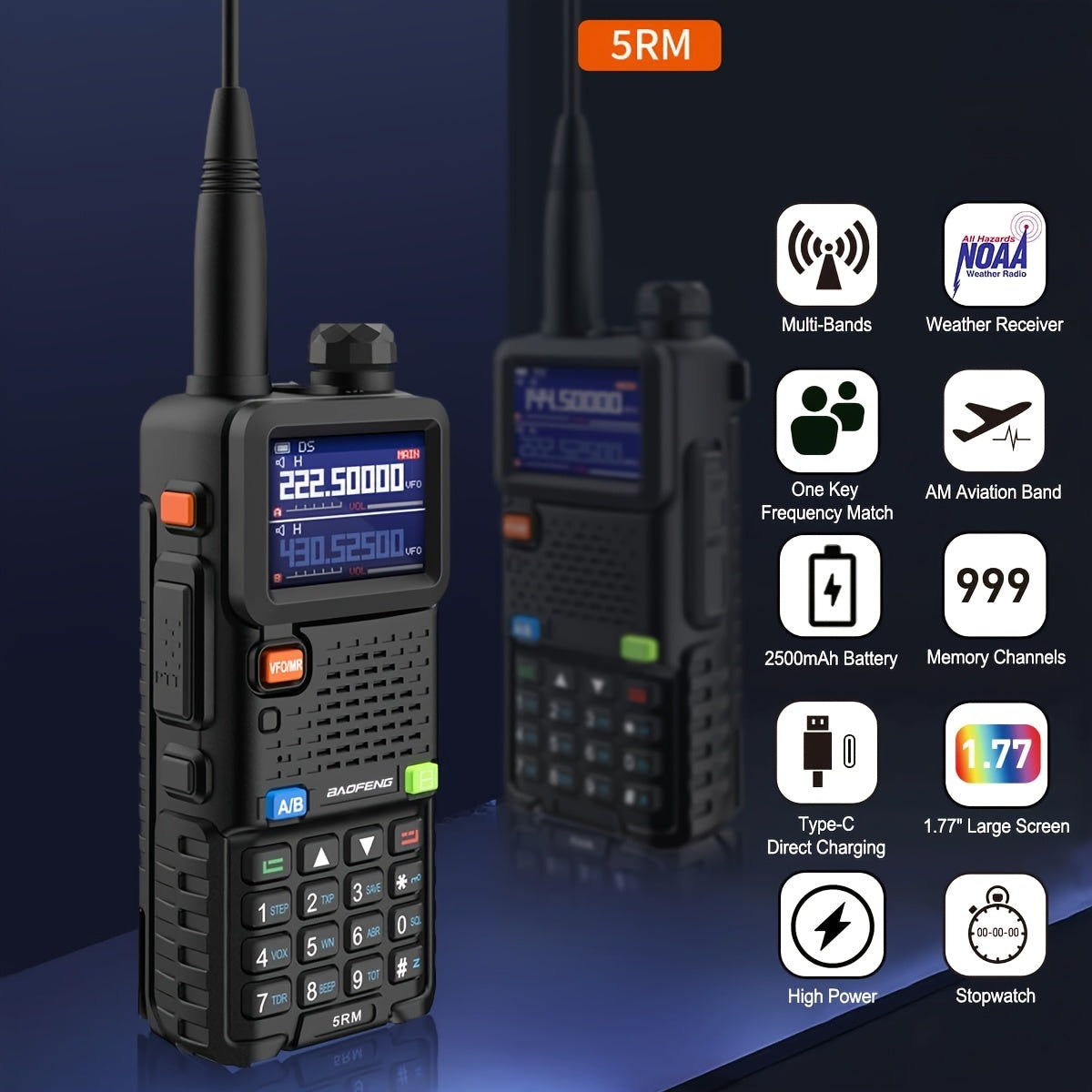 BAOFENG GM-5RH 10W Long Range GMRS Radio 2-Pack - Handheld Two-Way Radio with NOAA Weather, USB-C Charging, 999 Channels, 2500mAh Battery, 771 & 805S Antenna for Hunting, Camping, and Climbing