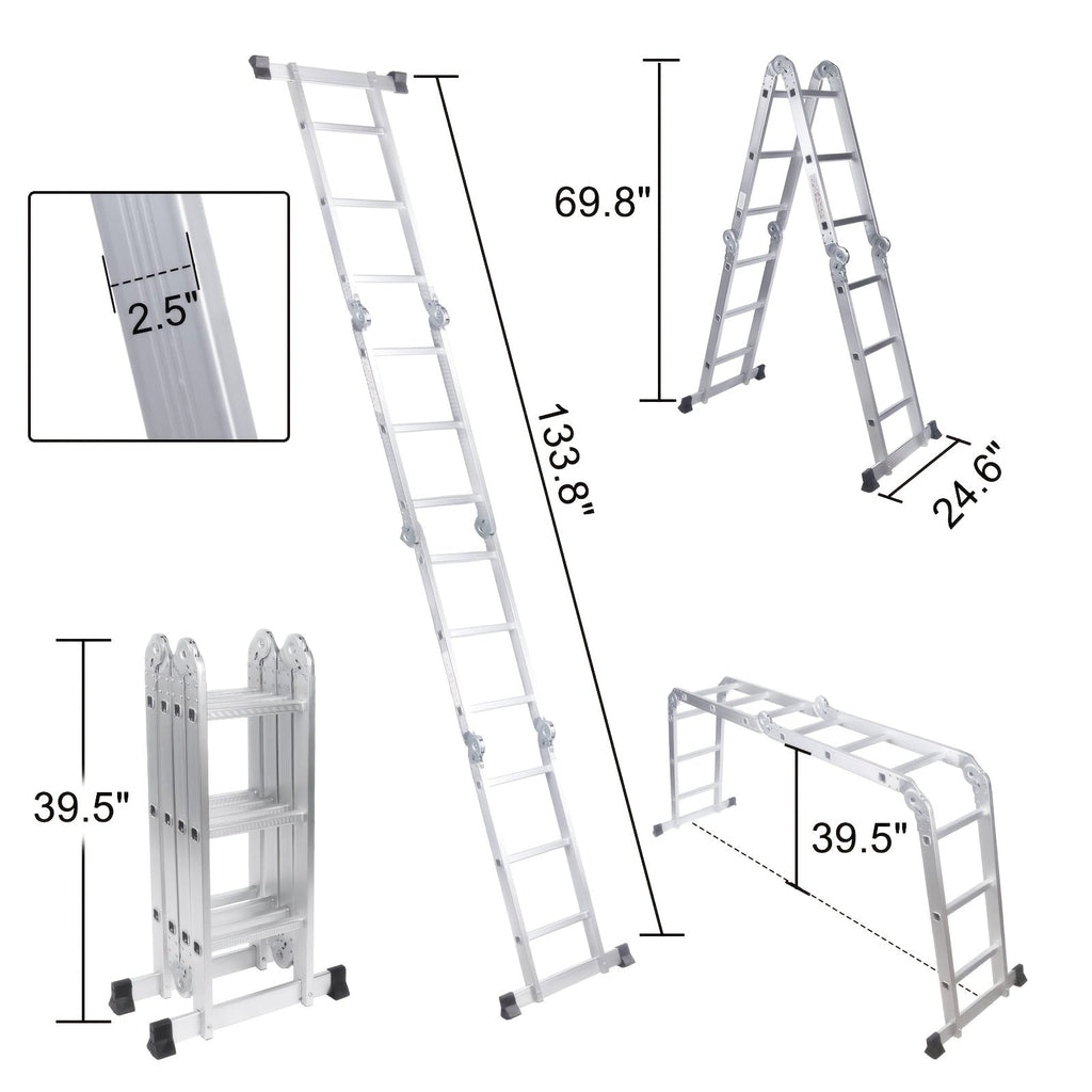 330lb 12.5ft 7-in-1 Multi-Purpose Aluminum Folding Extension Ladder – Foldable Lightweight Scaffold Step Ladder for Home, Garage, Construction & Outdoor Use