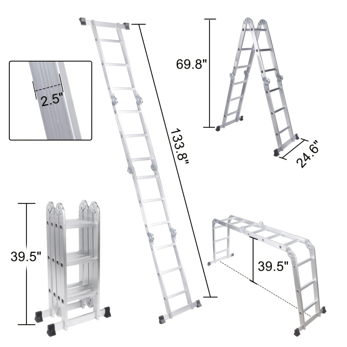 330lb 12.5ft 7-in-1 Multi-Purpose Aluminum Folding Extension Ladder – Foldable Lightweight Scaffold Step Ladder for Home, Garage, Construction & Outdoor Use