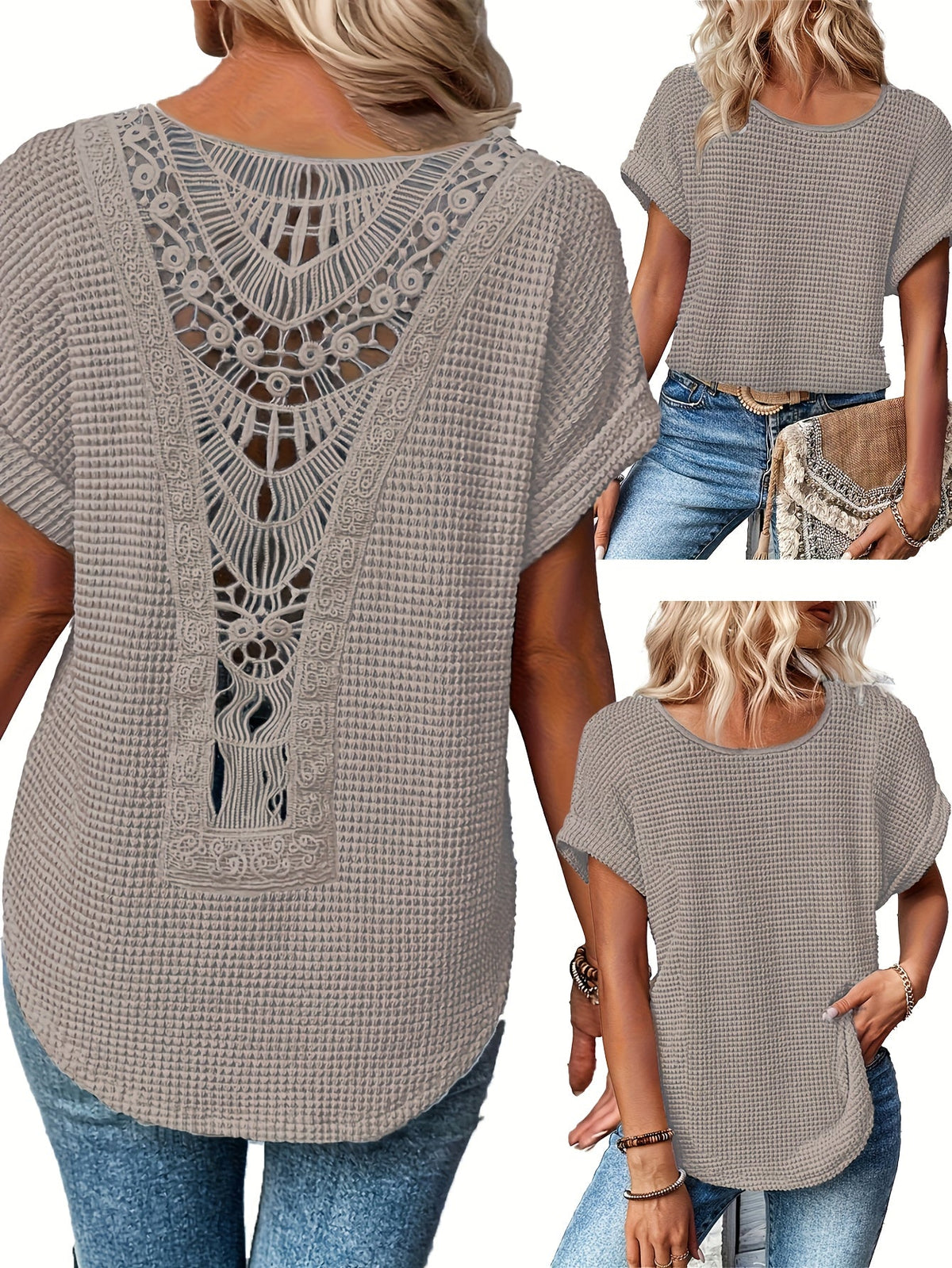 Lace Patchwork Round Neck Short Sleeve T-Shirt Women's Summer Casual Flowy Top Peacock Blue Khaki Black White S M L XL XXL