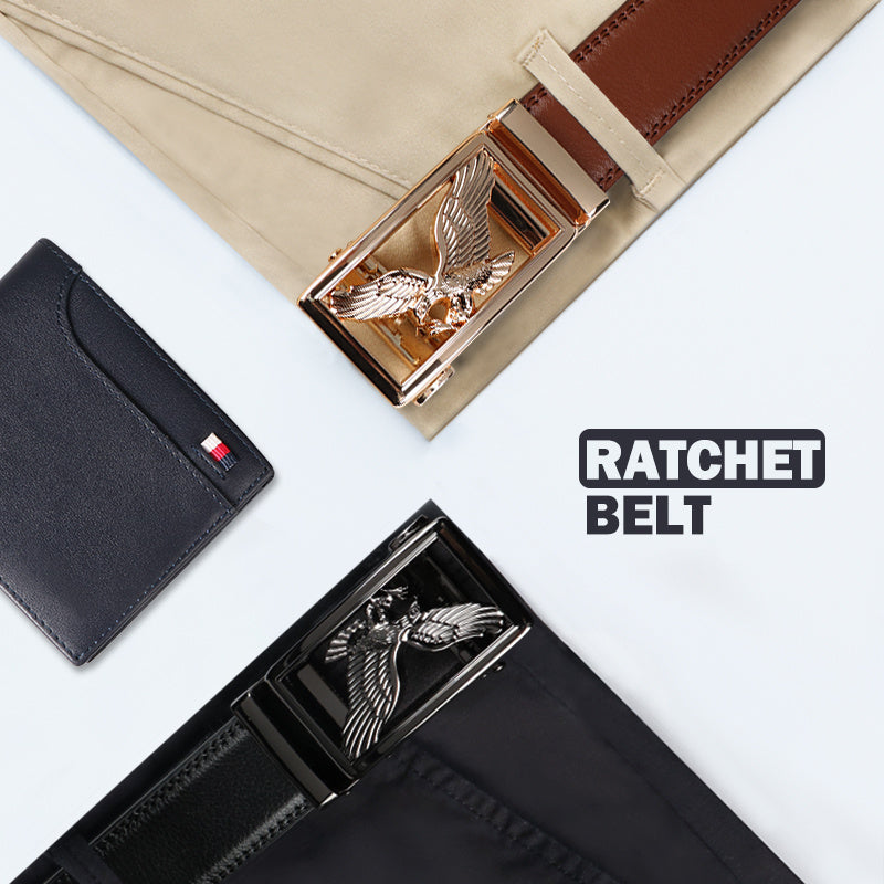 2pcs Men's Genuine Leather Belt Set with Automatic Ratchet Buckle – Adjustable Comfort Fit for 30"-44" Waist, Business & Casual Dress Belts in Black/Light Brown & Black/Dark Brown