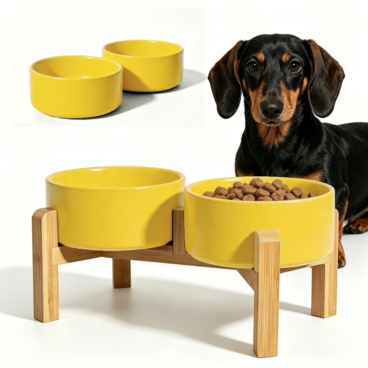 Elevated Ceramic Dog Bowl Set with Bamboo Stand - Raised Double Dog Bowls 28.74oz Non-Slip Feeder for Dogs, Cats & Puppies, Adjustable Height Slow Feed Dog Food Bowl with Storage (4 Colors)