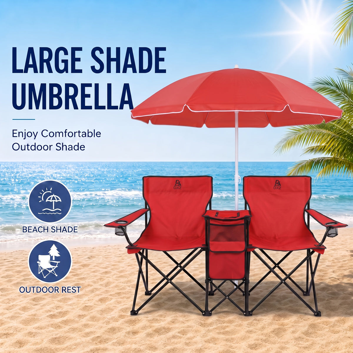 2-Person Folding Camping Chairs with Removable Umbrella – Portable Outdoor Chairs with Insulated Pocket Dual Cup Holders & Storage Pouch for Camping Picnic Beach Fishing Patio in Black & Red