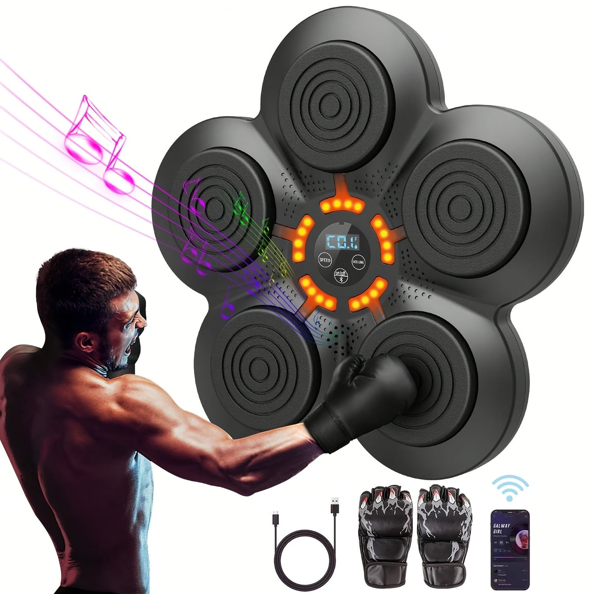 Smart Music Boxing Machine Wall-Mounted Punching Trainer with LED Lights, Wireless Bluetooth Electronic Boxing Target for Adults, Home Gym Fitness Striking Equipment (Includes Boxing Gloves)