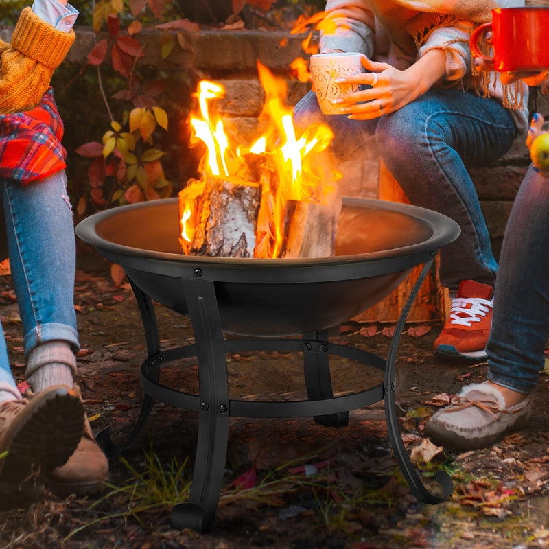 Outdoor Round Steel Fire Pit with Mesh Screen Cover, Fire Poker & Log Grate, Heat-Resistant, Portable, for Patio Yard Porch Camping Bonfire BBQ, Black