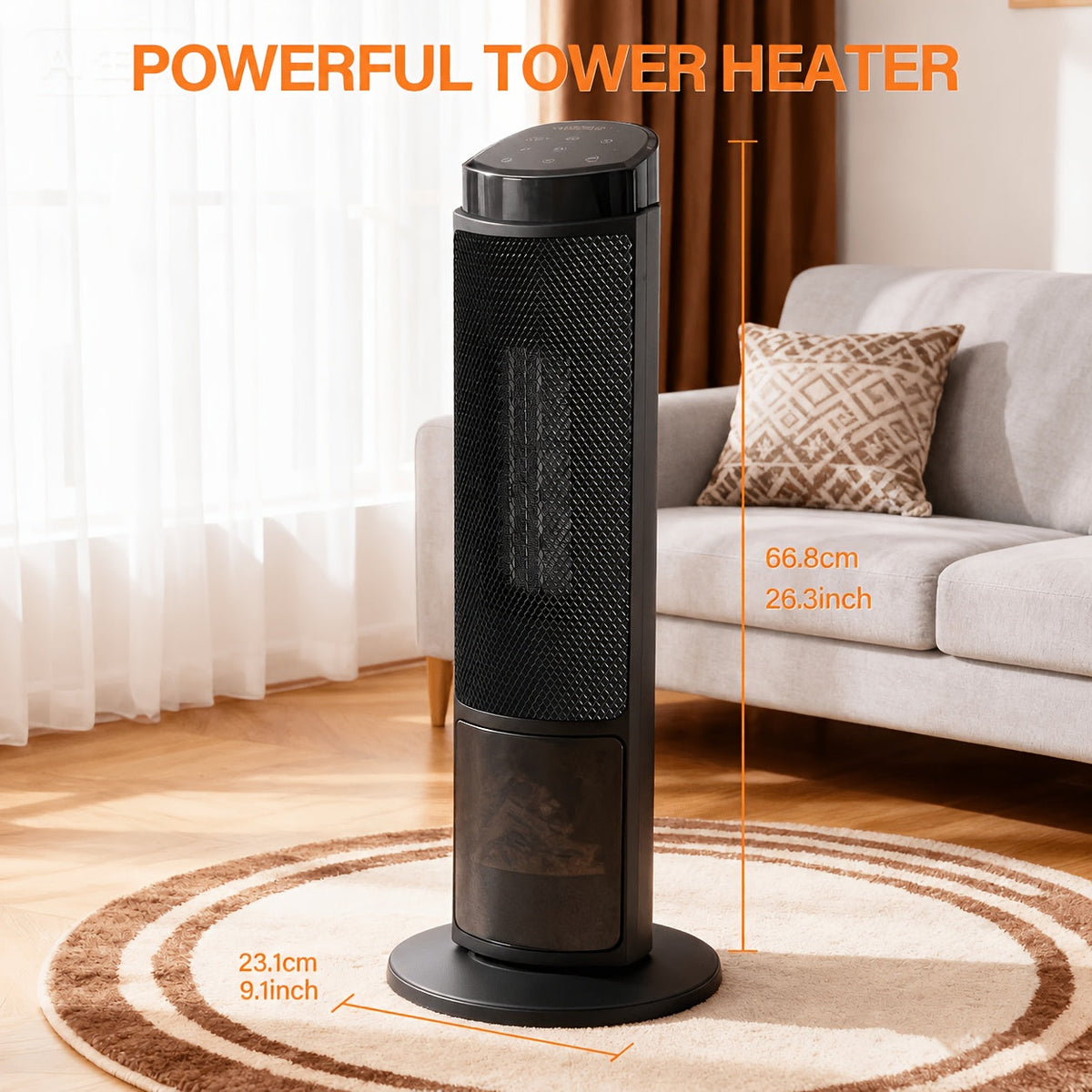 Portable Space Heater for Indoor Use Round or Square with Adjustable Thermostat Remote Control Tip-Over Protection Oscillation & Ambient Light Colors – Silver Black Gold