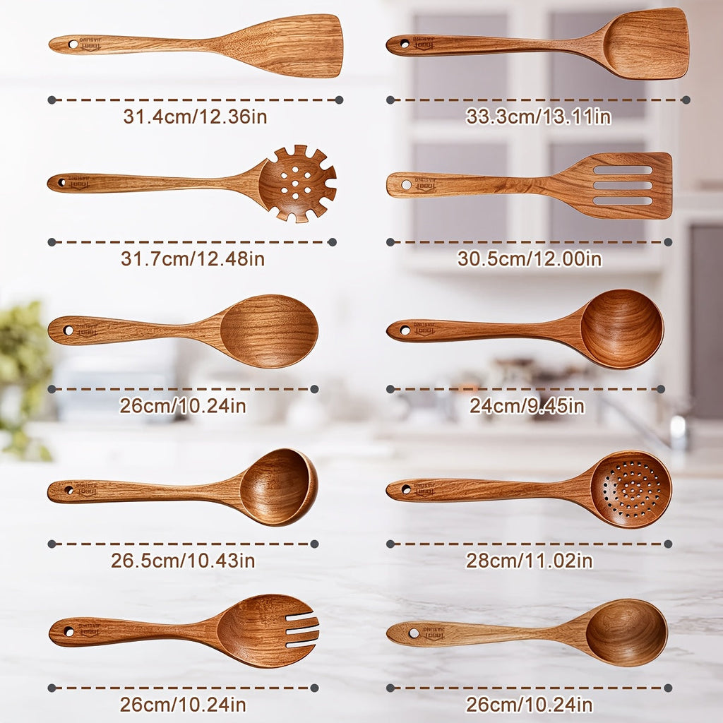 10-Piece Natural Teak Wooden Kitchen Utensils Set - Cooking Spoons, Spatulas & Turner, Non-Stick Safe, Heat Resistant, Eco-Friendly Wood Cookware Tools for Home Kitchen