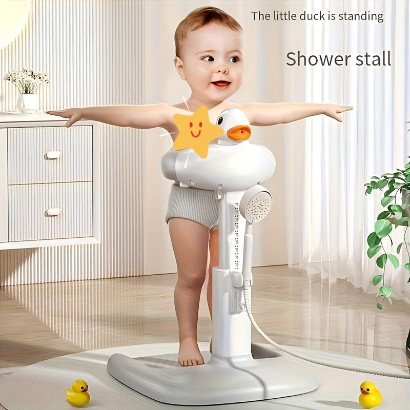 Adjustable Folding Baby Bath Stand & Shower Rack, Non-Slip Standing Sponge Bath Table for Infants & Young Children, Duckling Design in Gray & Khaki