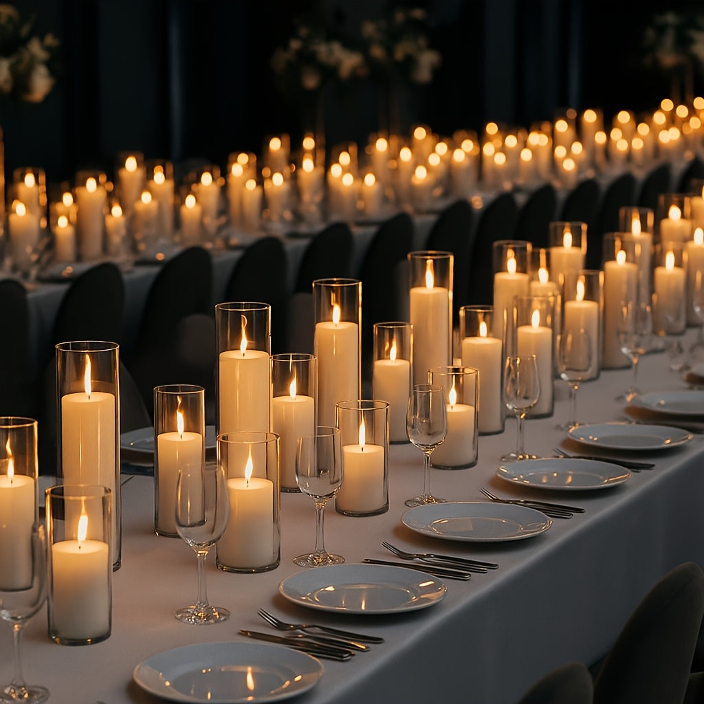 White Pillar Candles with Clear Glass Hurricane Holders Cylinder Candle Vases Set for Wedding Centerpiece Party Table Decor Home Office 23 24 or 48 Pieces