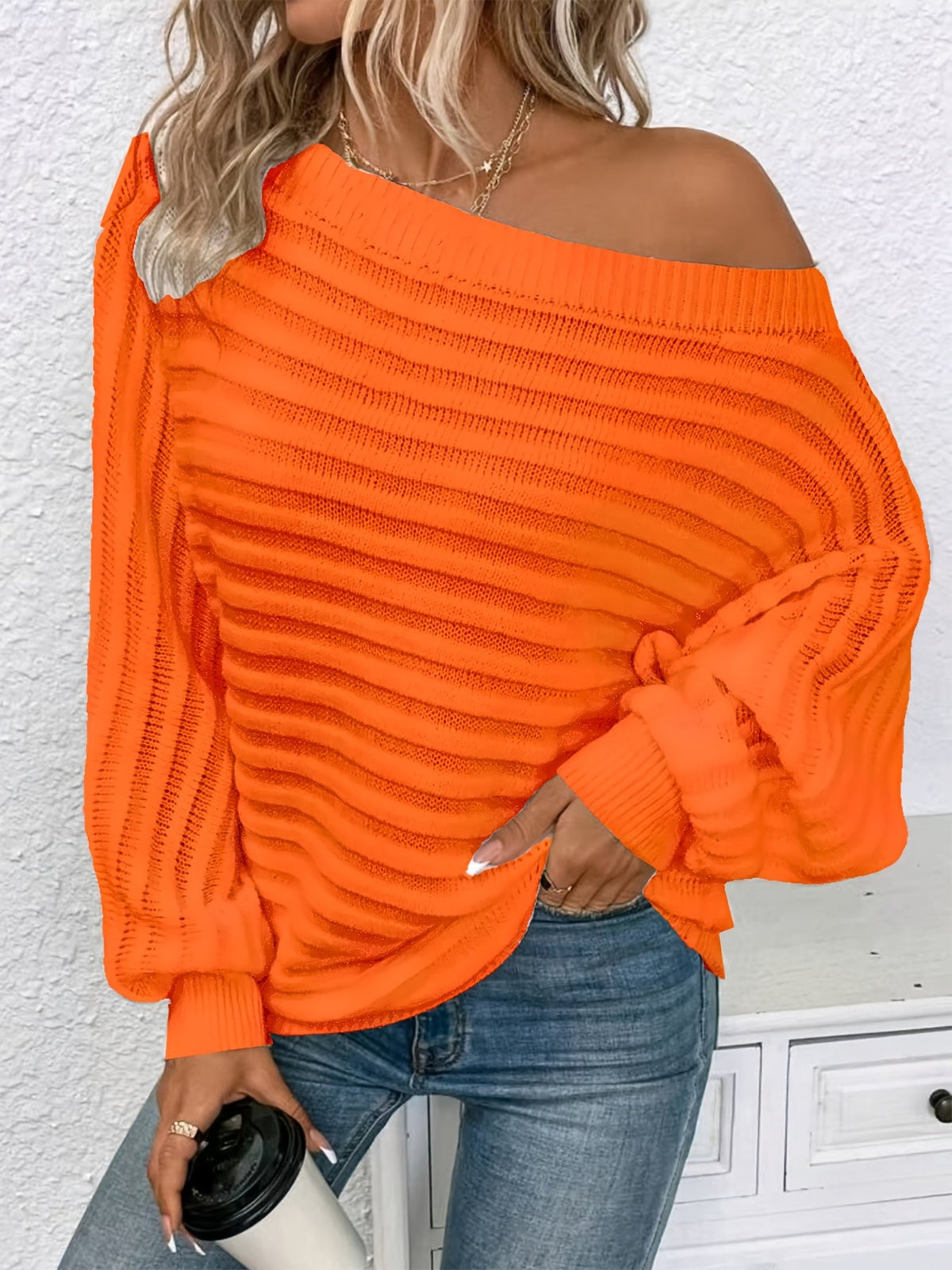 Women's Batwing Sleeve Hollow Knit Crew Neck Pullover Sweater, Solid Color Long Sleeve Top, S-XL, 12 Colors