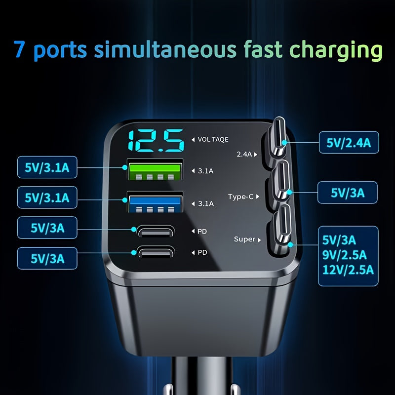 7-in-1 Fast Car Charger with 3 Retractable Cables, LED Digital Display, and 180° Adjustable Universal Plug - Multi-Port Car Phone Charger for iPhone, Android, and USB-C
