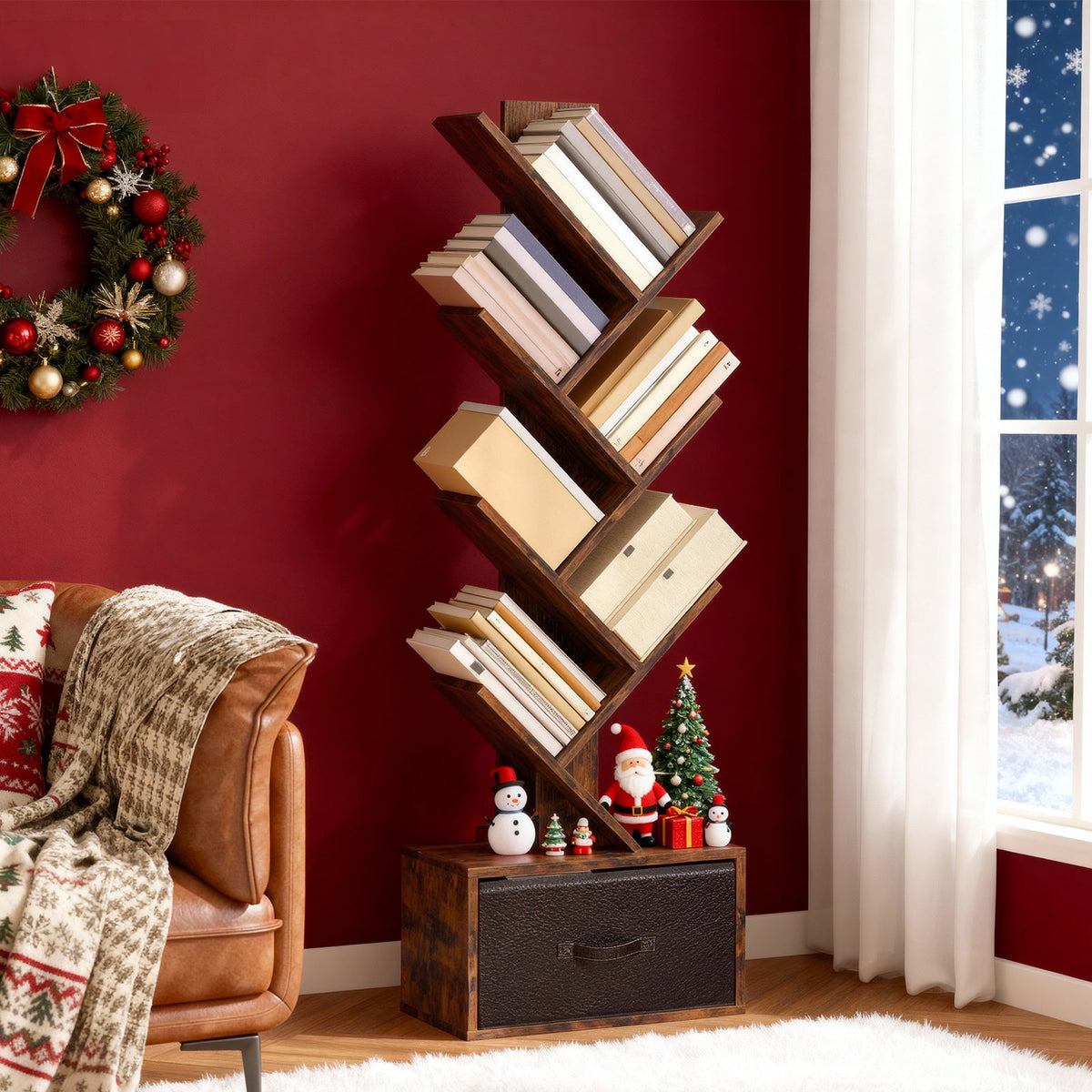 6-Tier Tree Bookcase 44.5" Vintage Narrow Floor Standing Bookshelf with Drawer – Wooden Book Organizer for Office Bedroom Living Room