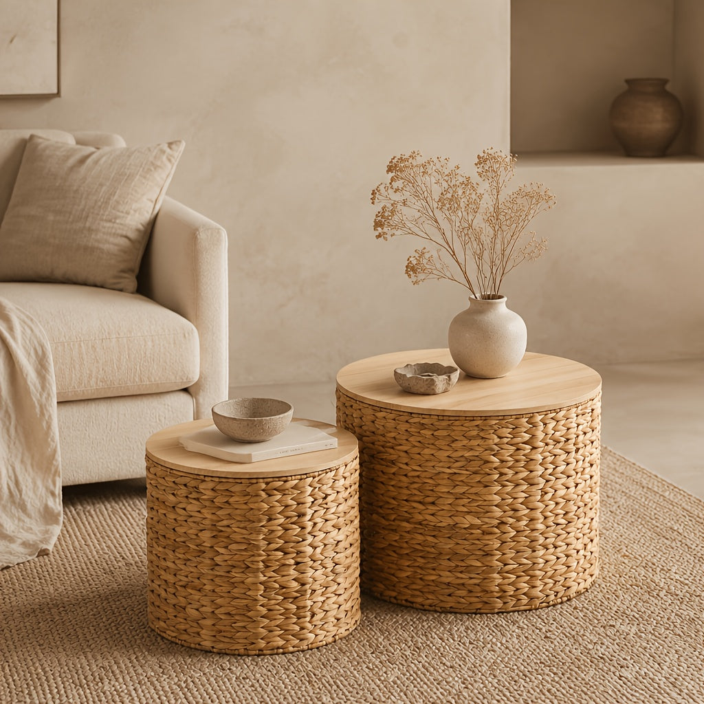 Handwoven Water Hyacinth Outdoor Side Tables Set of 2 Round Patio End Tables for Garden Backyard Porch & Indoor Plant Stands – Natural Seagrass Weave, High & Low Styles, Pro Option Available