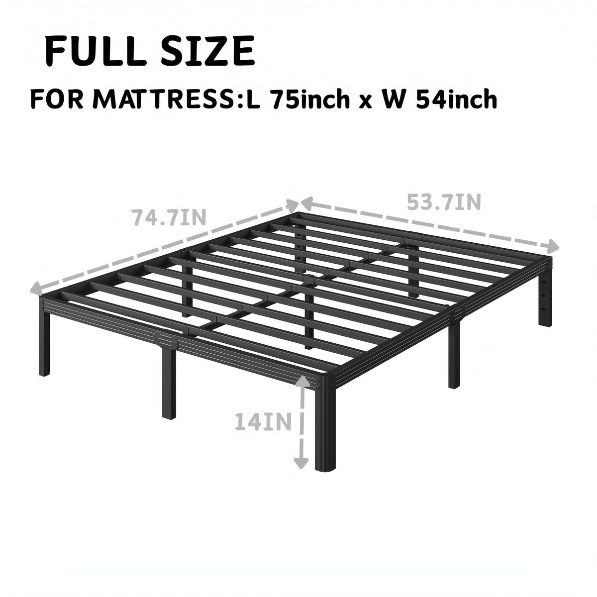Metal Platform Bed Frame, 14" or 18" Height Options, Full/Queen/King Size, Under-Bed Storage, Sturdy Steel, Easy Assembly, No Box Spring Needed, Minimalist Design, Black