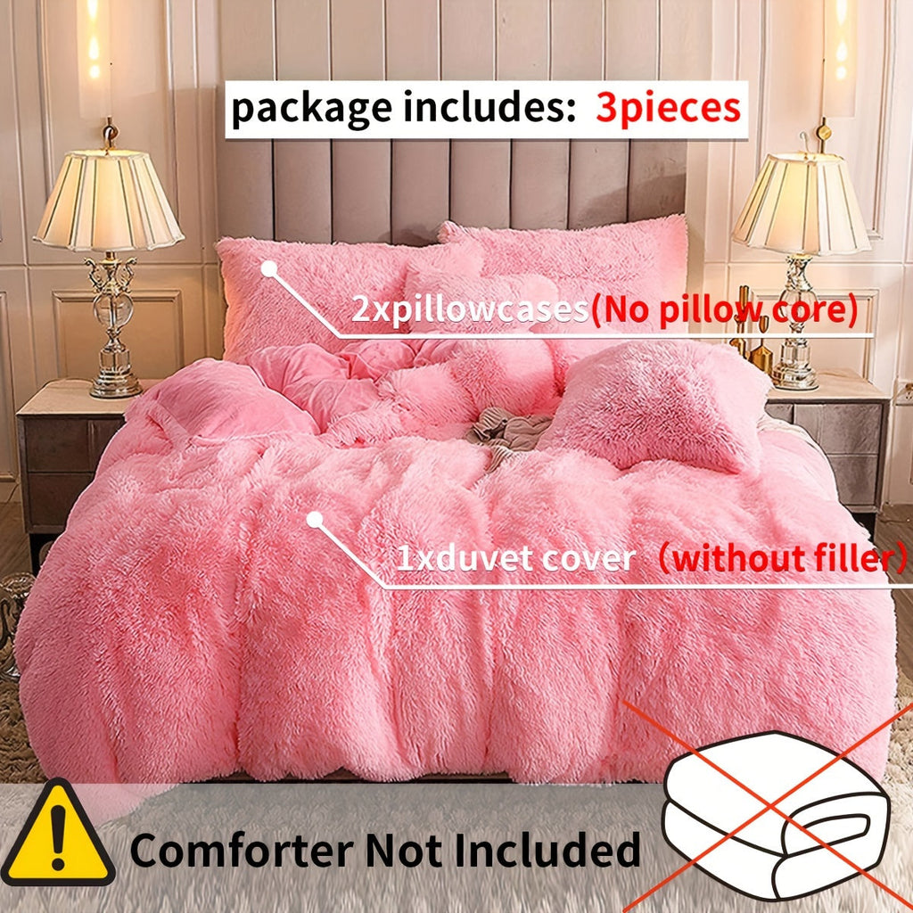 Plush Duvet Cover Set 3 Piece, Long Hair Knitted Polyester, Solid Color Fuzzy Comforter Cover with Zipper Closure, All-Season Soft Cozy Bedding Set for Bedroom, Multiple Colors Available