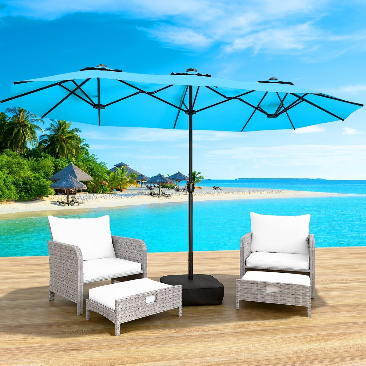 LEVELEVE 15FT Double-Sided Patio Umbrella – 135 Sq Ft Shade, UPF 50+ Waterproof, 40+ MPH Wind Resistant, "5+2+5" Rib Structure, Crank Lift, Cross Base & Weight Bag Included, Blue Red Khaki Lake Blue – Nova Mart