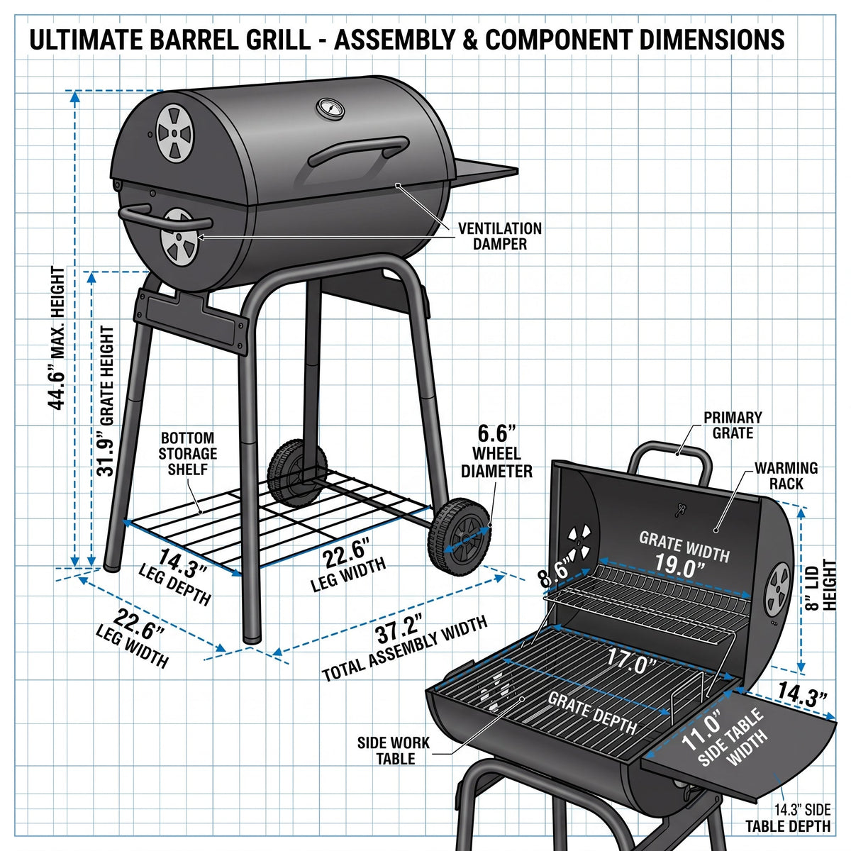 Barrel Charcoal Grill with Side Table & Bottom Shelf, 33.9"x20.5"x40.6", 4-Level Adjustable Charcoal Pan, Dual Air Dampers, Built-In Thermometer, Chrome Grates, 2 Wheels, for Backyard, Patio & Camping BBQ