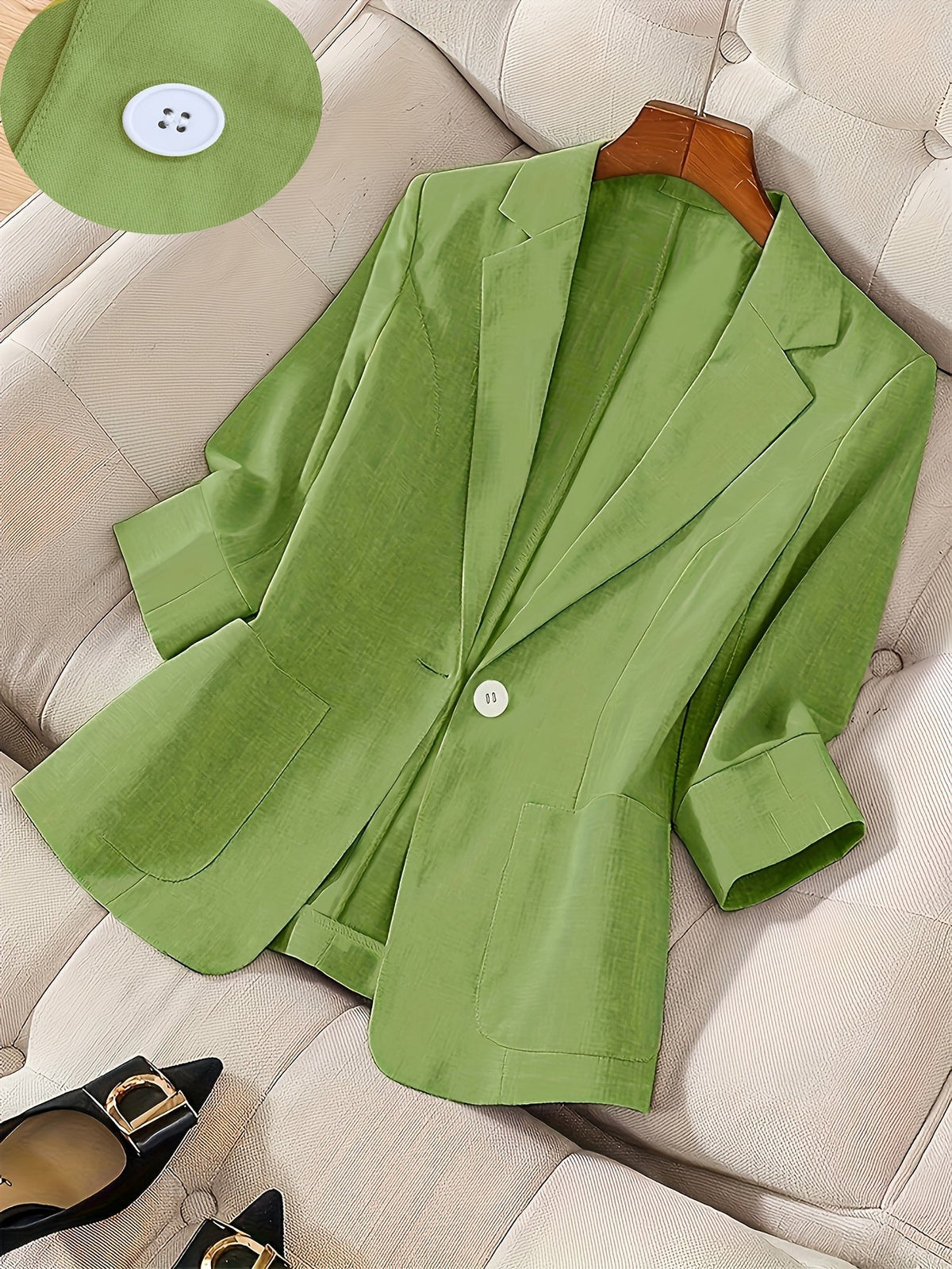 Women's Single-Button 3/4 Sleeve Lightweight Blazer | Elegant Casual Spring/Summer/Fall Outerwear | Professional Solid Color Office Business Suit Jacket S M L XL XXL