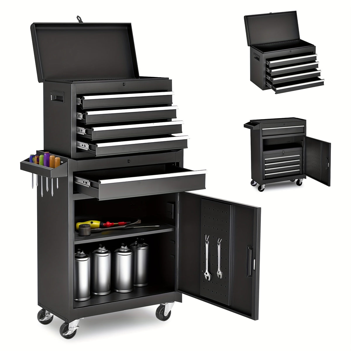 2-in-1 Tool Cabinet Combo Rolling Toolbox Chest for Garage & Home Use with Drawers – Red, Black or Blue