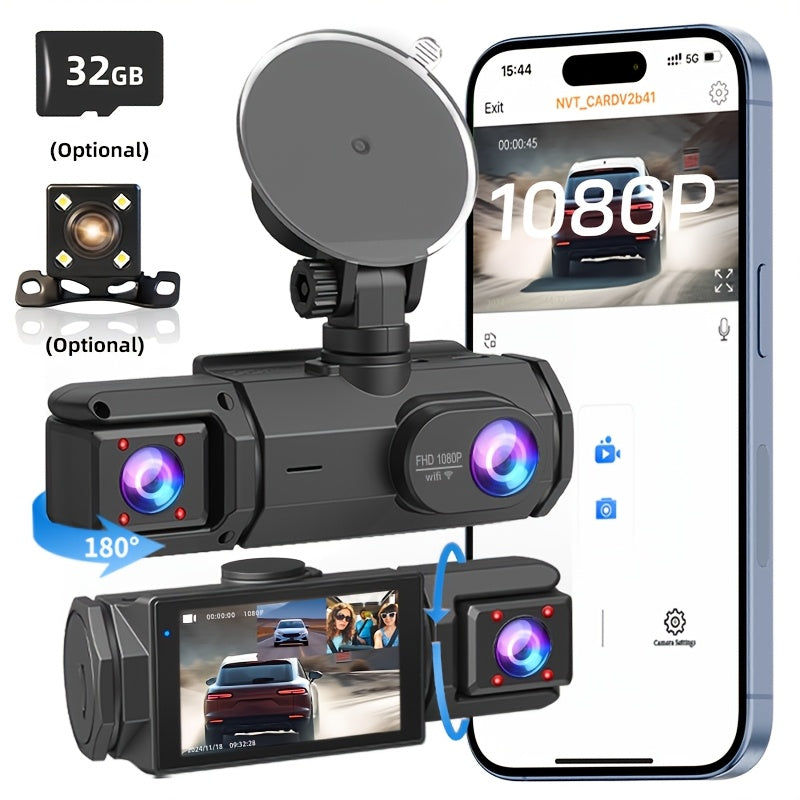 WiFi Dash Camera 2/3 Lens 170° Wide Angle Night Vision Loop Recording G-Sensor 2.0" IPS Screen with 32GB Memory Card - Front and Rear Car Camera