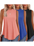 Women's 3-Pack Solid Color Sleeveless Round Neck Loose Flowy Casual Basic Tank Tops, Multicolor Bundle Set for Summer, Spring, and Fall