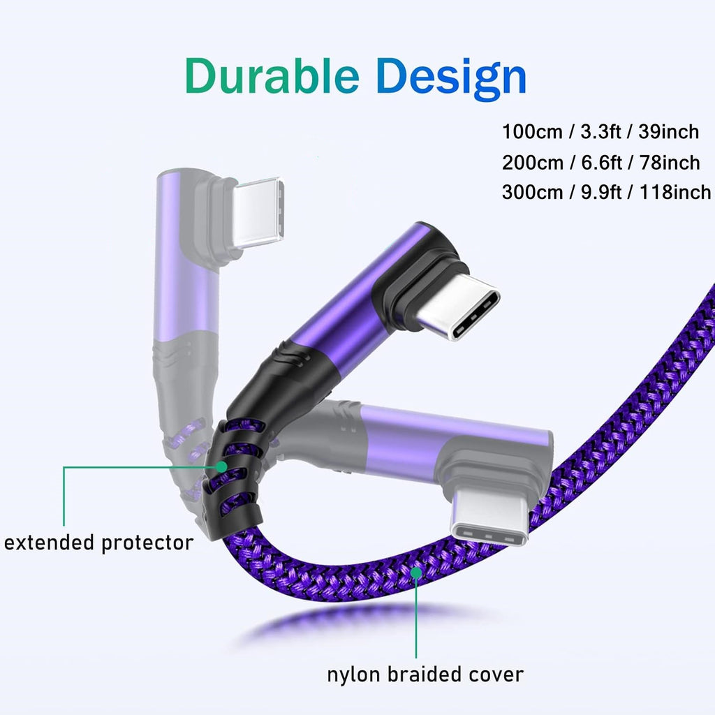 3-Pack Right Angle Braided USB-A to USB-C Fast Charging Cable - 1m, 2m & 3m - iPhone 15/16/17, iPad, Samsung, Huawei & More - Black, Blue, Red, Purple, Rose Gold & Silver