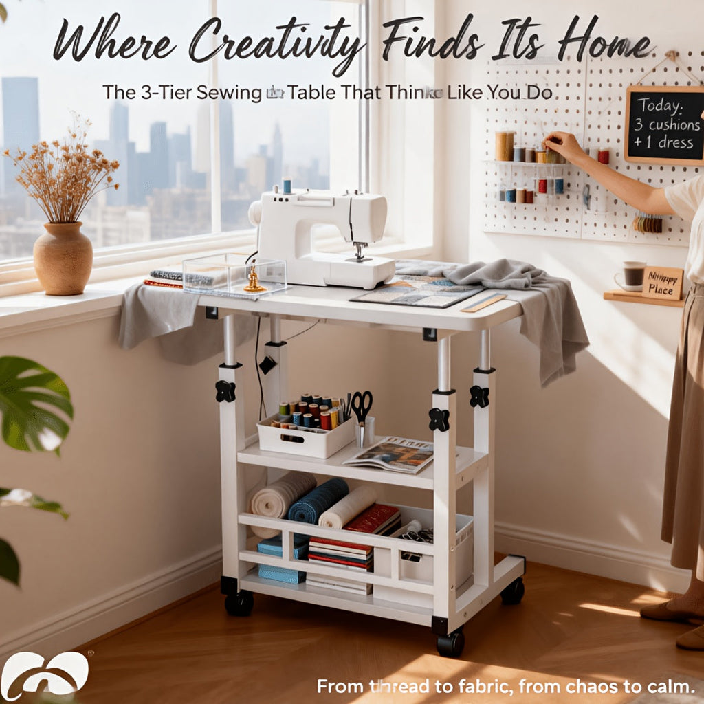 3-Tier Rolling Folding Desk with Wheels, Height-Adjustable and Expandable Desktop, Storage Shelf for Laptop, Study, Home Office, Bedroom, Living Room Computer Table