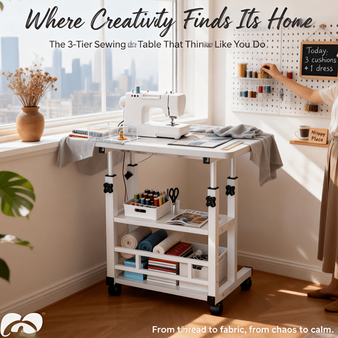 3-Tier Rolling Folding Desk with Wheels, Height-Adjustable and Expandable Desktop, Storage Shelf for Laptop, Study, Home Office, Bedroom, Living Room Computer Table