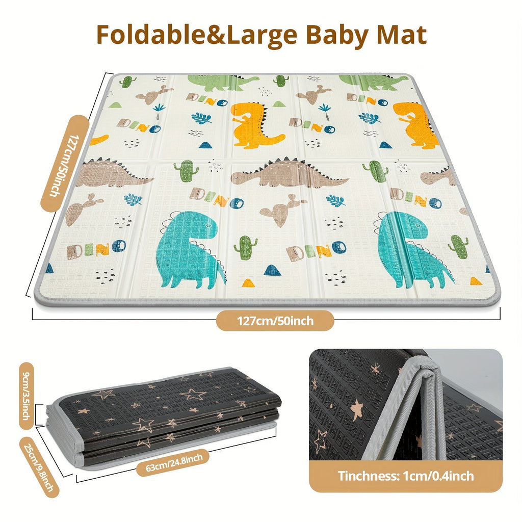 Foldable Safety Foam Baby Play Mat, 50 × 50 × 0.4 Inch Thick Reversible Double-Sided Portable Playpen Floor Mat, Soft Cushioned Baby Activity Mat for Infants & Toddlers, Seahorse & Stars