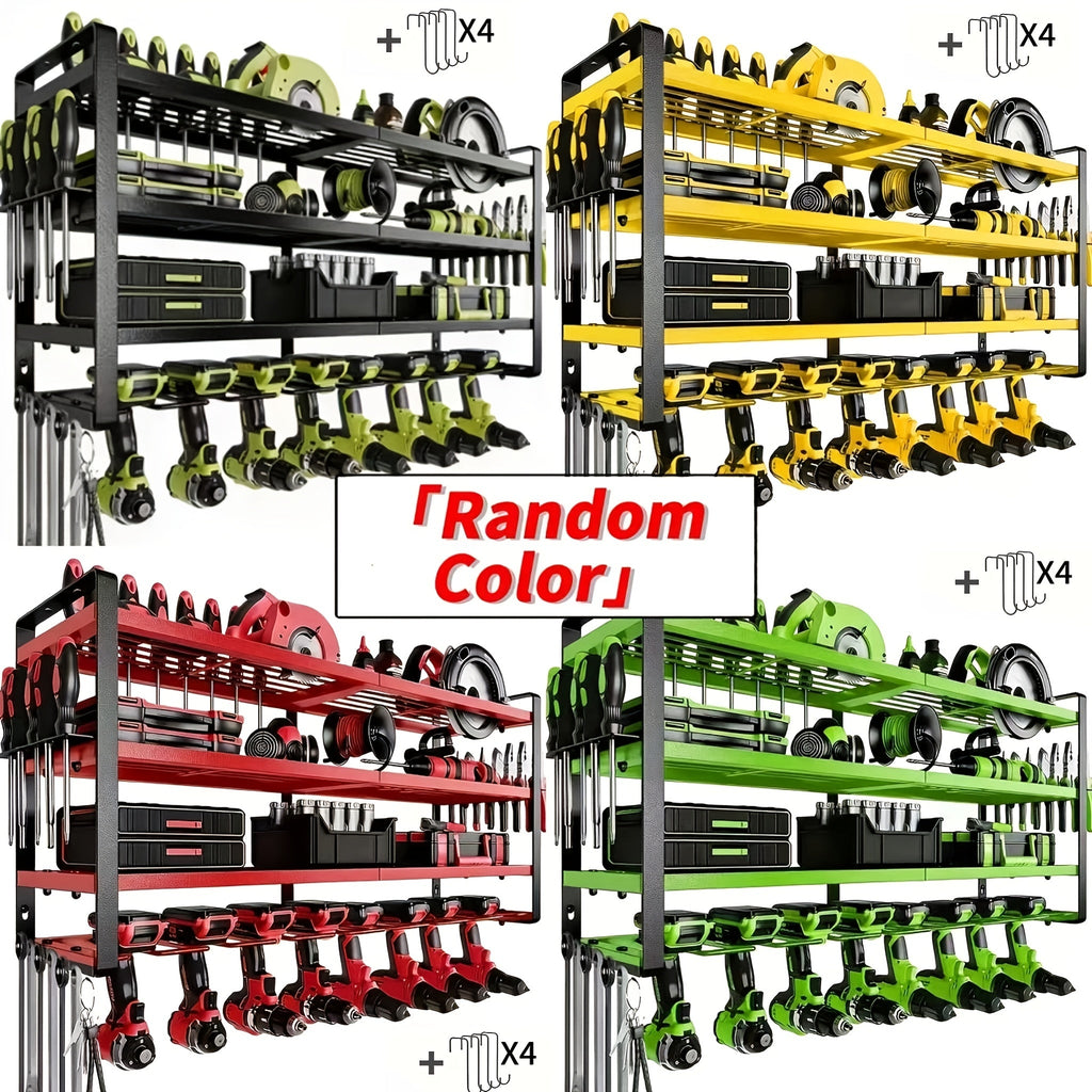 Wall-Mounted Electric Tool Storage Rack - 4-Layer, 8 Drill Bit Holders - Garage & Workshop Shelf - Men's Gift - Red, Yellow, Green & Black
