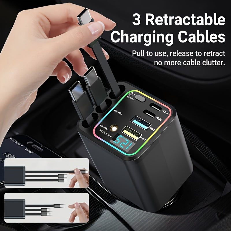 7-in-1 Car Charger with LED Ambient Light & 3 Retractable Cables – Fast Charging USB Hub, 180° Adjustable, Digital Display, Universal Fit for iPhone & Android