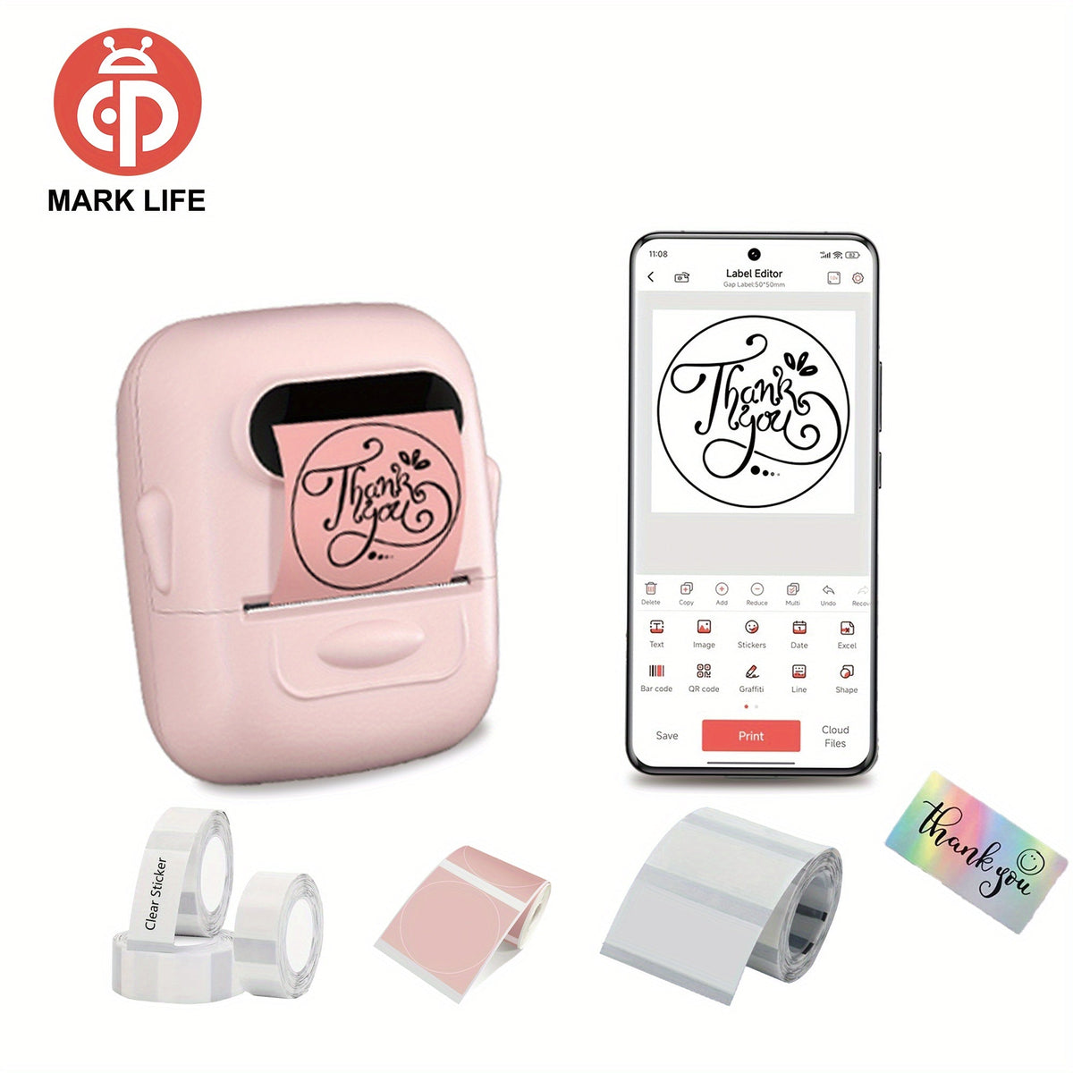 Wireless Thermal Label Maker – No Ink Required, Multiple Templates, Bluetooth Label Printer for Storage Organization, Home, Office, and School Supplies, Pink, White, Blue